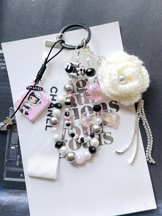 Handmade Accessories - CC Ribbon with Unbranded Pink & White Beaded Keychain Charm & Crochet camellia